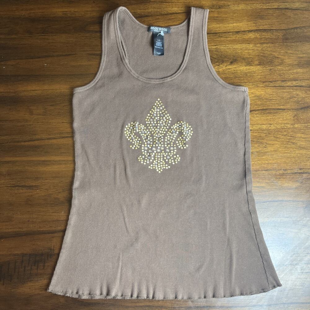 Bisou Bisou Y2k Brown Tank Top Womens Large Gold Rhinestone Fleur De Lis Biker